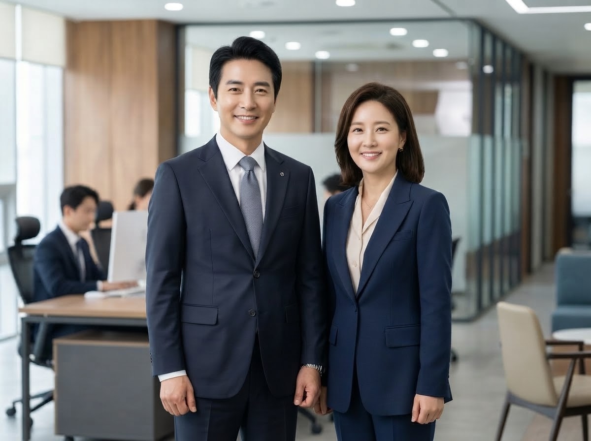 사무실에 나란히 선 정장의 남녀 두 사람